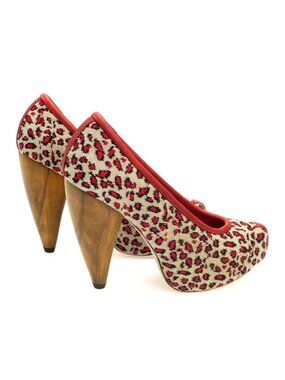 NYC Designer HANDMADE Animal Print Wool & Genuine Leather Wooden Heel Pumps NEW